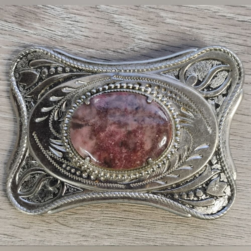 Vintage Western Natural Rhodonite Belt Buckle Silver Toned Handcrafted